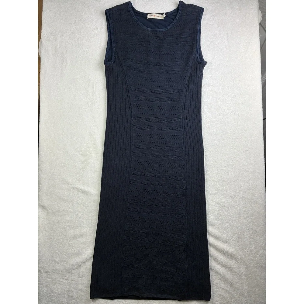 Tory Burch Womens Pointelle Knit Tank Dress Large Navy Blue Midi Quiet Luxury